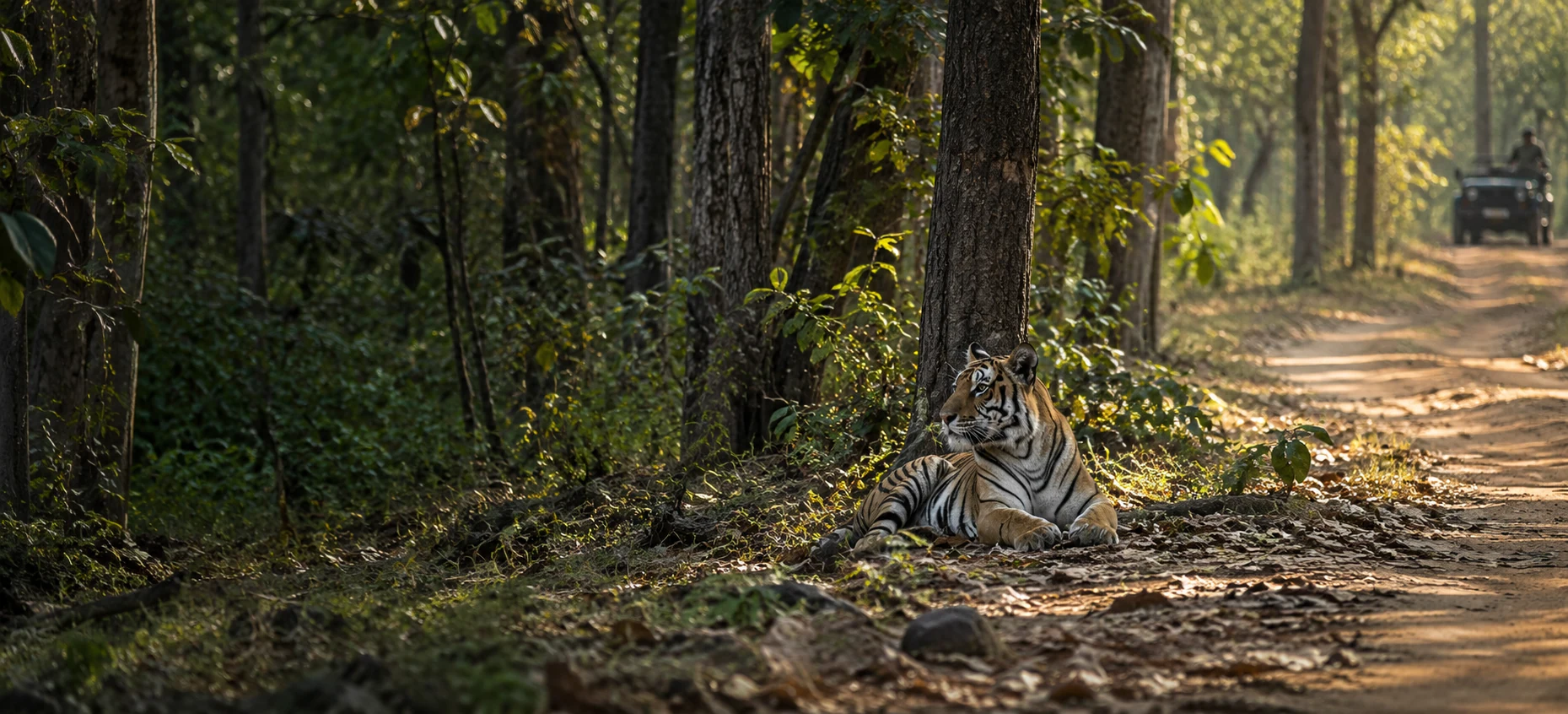 Tiger resting calmly beside a forest trail in Tadoba, with a safari vehicle in the distance