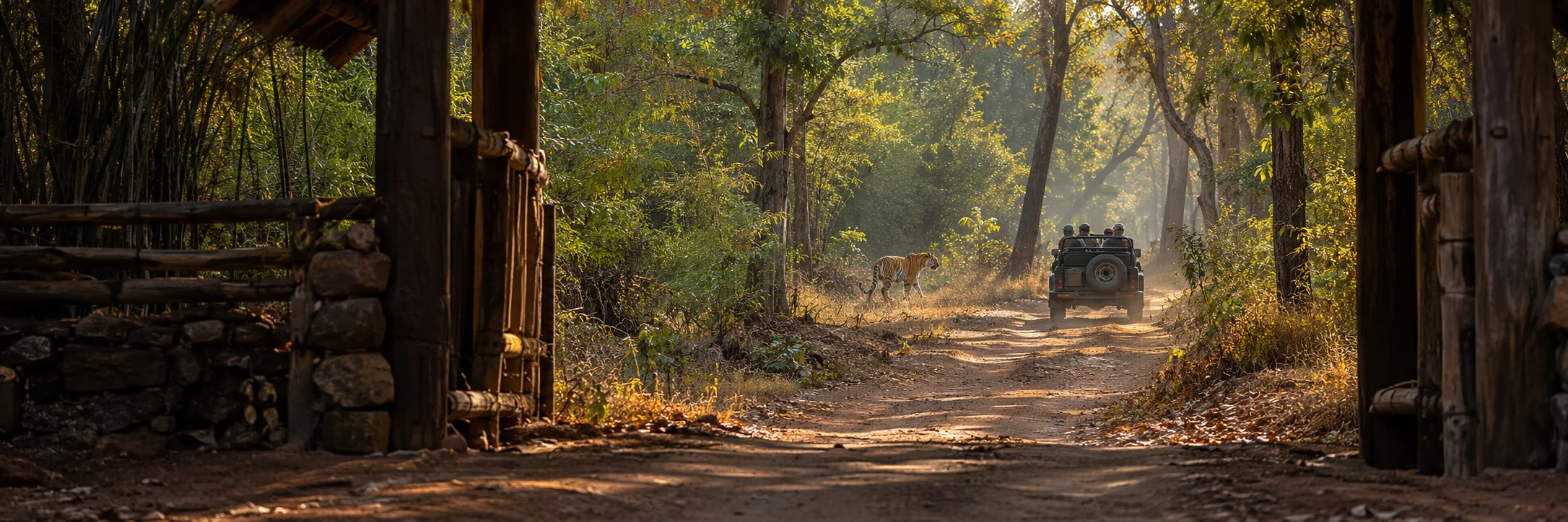 AI-generated visual of a safari jeep and tiger on a sunlit Tadoba forest track