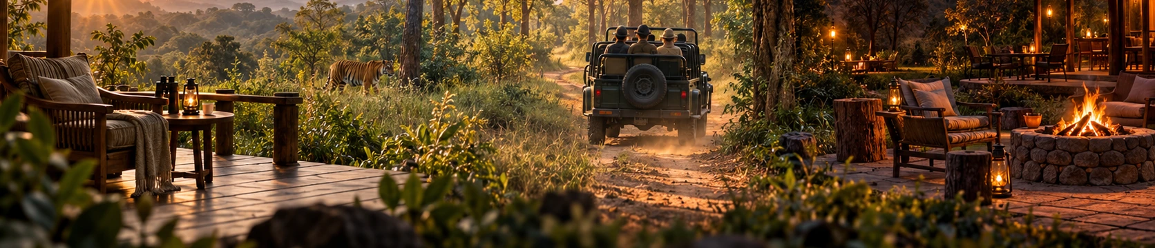 Travelers setting out from a forest lodge at dawn