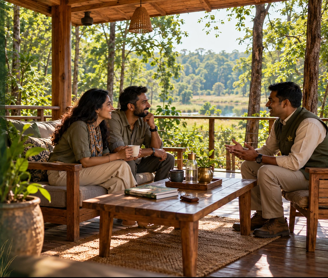 Guests and a resort host planning their stay on a forest lodge veranda